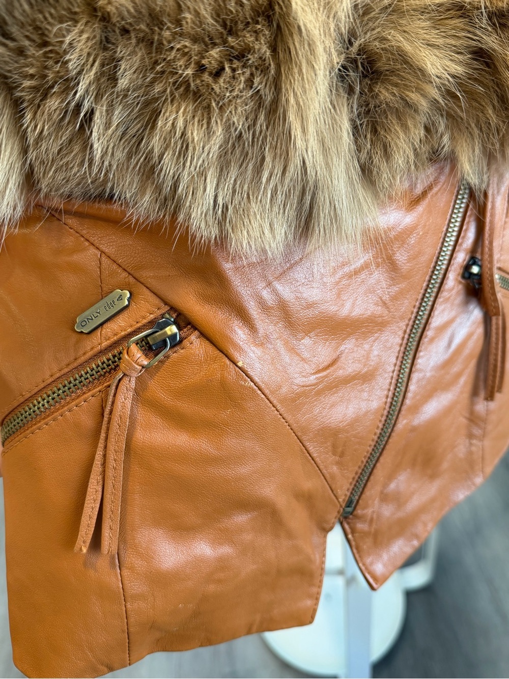 Vintage ONLY Real Fox Fur Collar Lamb Leather Jacket Y2K Moto XS/S - Picture 11 of 13